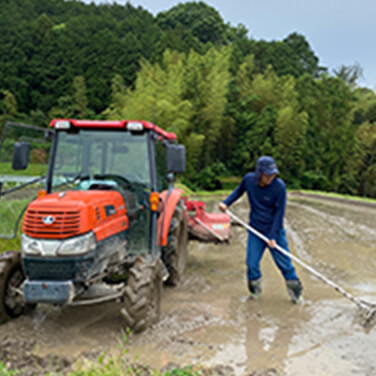 写真：田んぼの代掻きをするオーナー